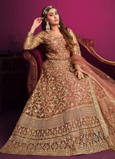 Heavy Embroidery Work Net Eid Special Anarkali In Brown